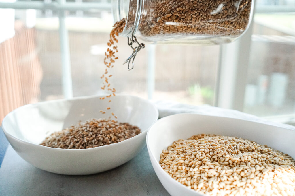 Bowl of soft white wheat berries and hard red wheat berries being poured into bowl