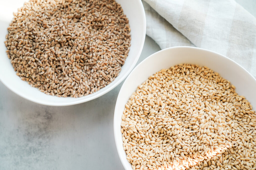 Bowl of soft white wheat berries and hard red wheat berries