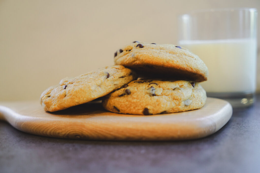 Stack of freshly milled sourdough chocolate chip cookies