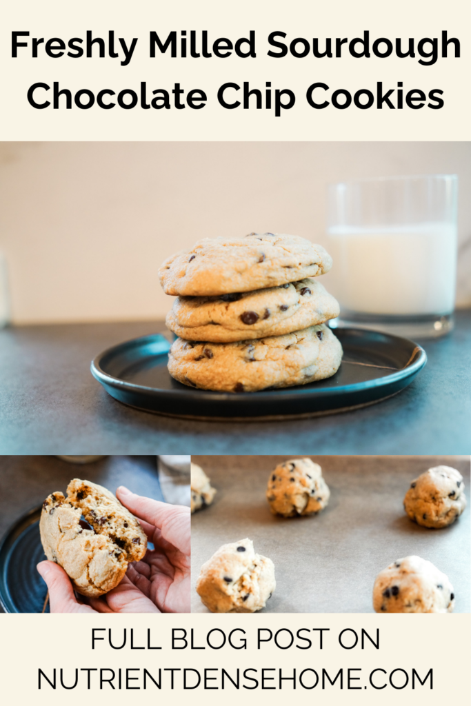 Three pictures of freshly milled sourdough chocolate chip cookies